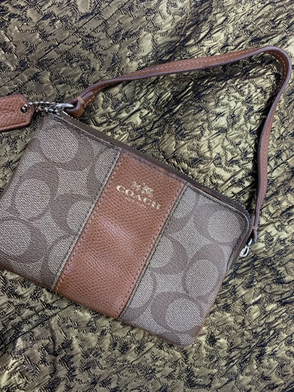 Coach Brown Signature Canvas & Leather Wristlet with Logo Stripe